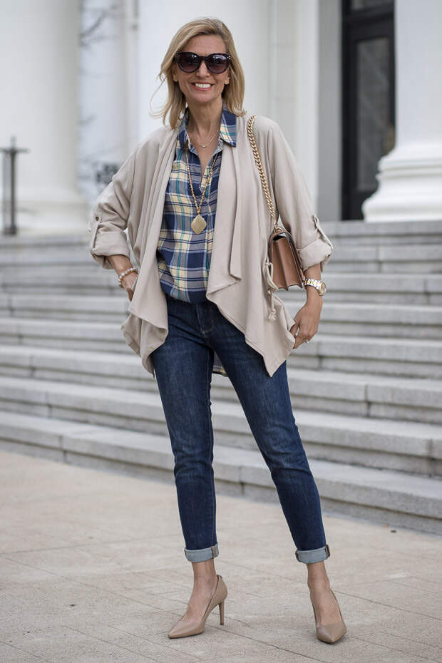 Blue and Tan Plaid Shirt With Tan Cascading Collar Jacket for women 