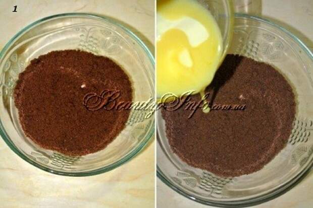 Растопленное масло соединить с шоколадной крошкой