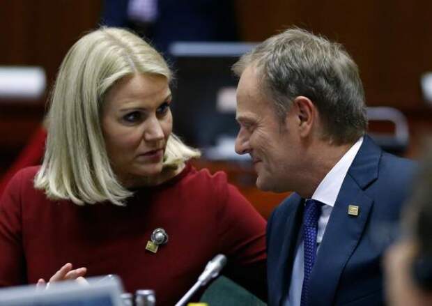 Poland's Prime Minister Donald Tusk (R) talks with Denmark's Prime Minister Helle Thorning-Schmidt at the start of a European Union summit in Brussels August 30, 2014.  REUTERS/Yves Herman