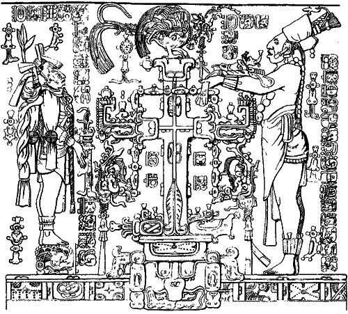 Изображение креста-маиса на рельефе из «Храма Лиственного Креста», Паленке.
